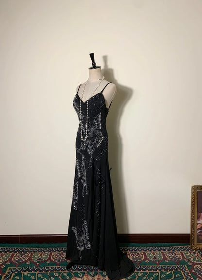 Chic Two-Piece Black Long Prom Dress Chiffon Beaded Sheath Evening Dress  Sleeveless Formal Dress ED06488