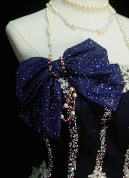 Cute Navy Blue Long Prom Dress Satin Tulle Ball Gown Quinceanera Dress Strapless Sweet 16 Dress ED06494