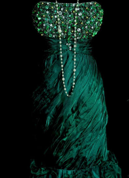 Cute Green Long Prom Dress Satin Beaded Mermaid Evening Dress Strapless Formal Dress ED06495