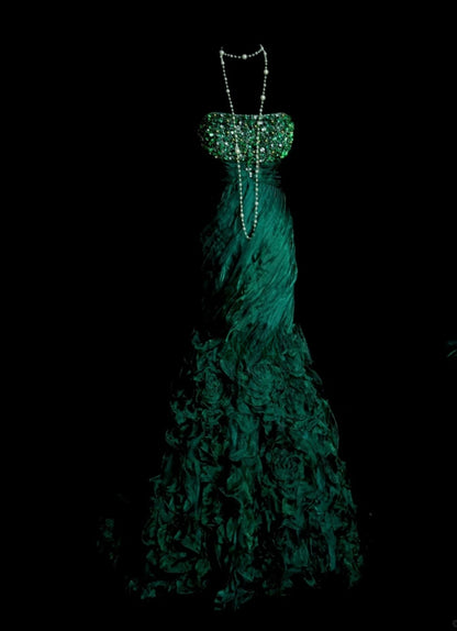 Cute Green Long Prom Dress Satin Beaded Mermaid Evening Dress Strapless Formal Dress ED06495