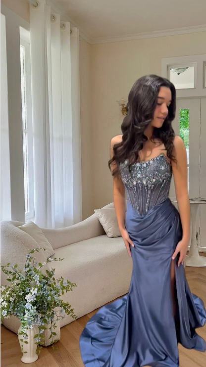Cute Gray Blue Long Prom Dress Satin Beaded Satin Mermaid Evening Dress Strapless Formal Dress ED06496