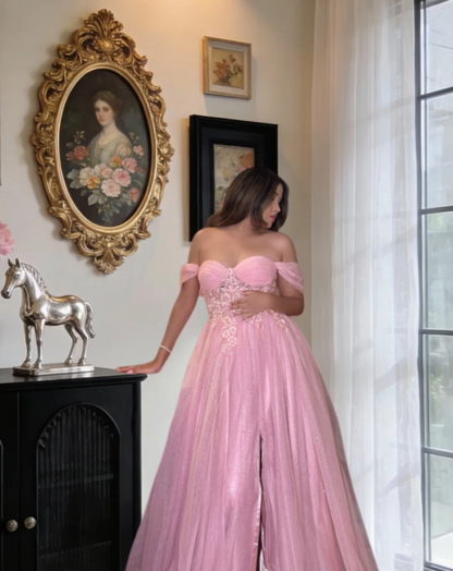 Cute Pink Long Prom Dress Tulle Beaded A-Line Evening Dress Off-shoulder Formal Dress ED06497