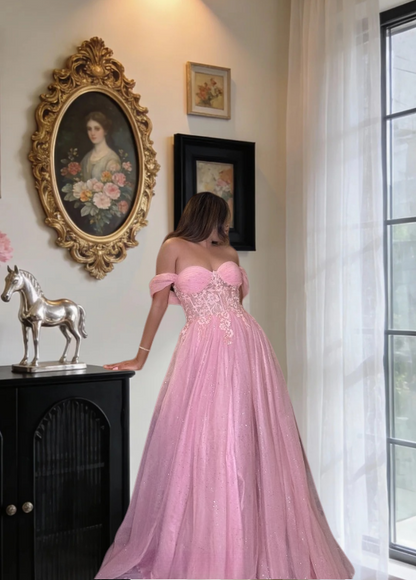 Cute Pink Long Prom Dress Tulle Beaded A-Line Evening Dress Off-shoulder Formal Dress ED06497