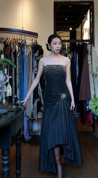 Elegant Black Long Prom Dress Satin Beaded Sheath Evening Dress Strapless Formal Dress ED06498