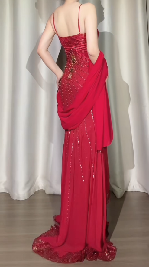 Elegant Burgundy Long Prom Dress Chiffon Beaded Sheath Evening Dress Spaghetti Straps Formal Dress ED06499