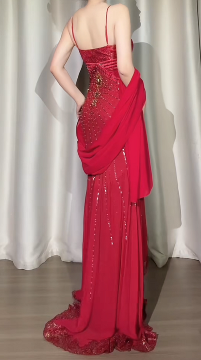 Elegant Burgundy Long Prom Dress Chiffon Beaded Sheath Evening Dress Spaghetti Straps Formal Dress ED06499