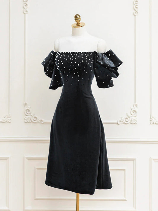 Robe de bal courte en velours noir, épaules dénudées, perles, robe de soirée noire ED0649