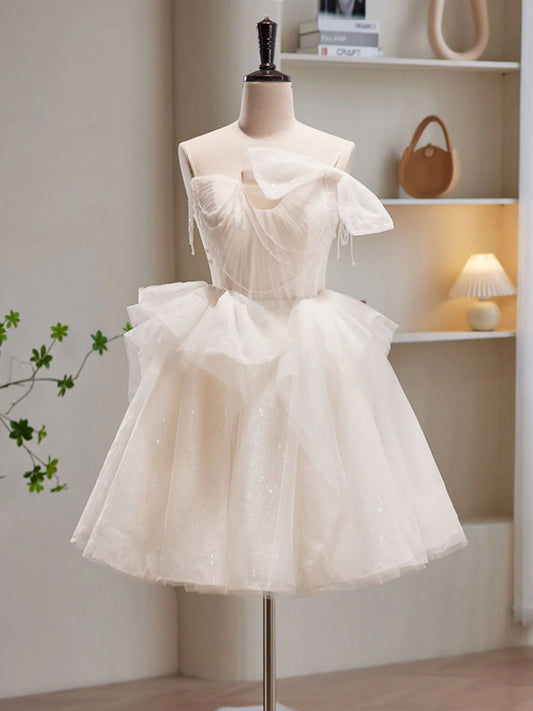Beiges kurzes Ballkleid mit Tüll und Pailletten, Beiges Homecoming-Kleid ED0650