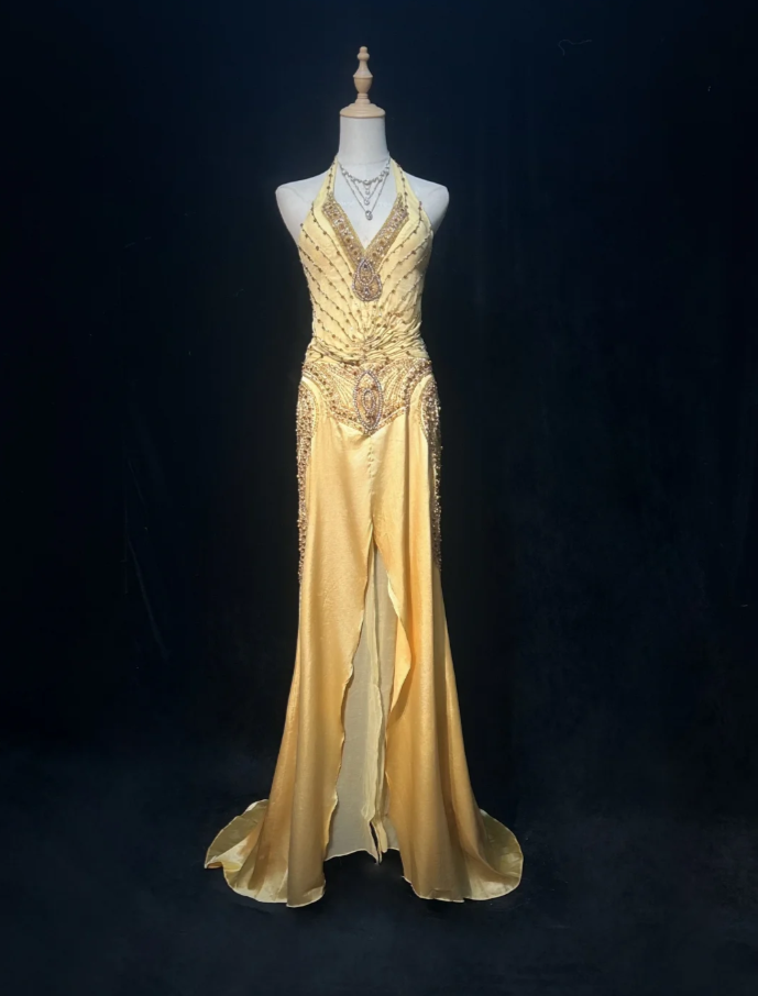 Elegant Yellow Long Prom Dress Satin Beaded Sheath Evening Dress Halter Formal Dress ED06500