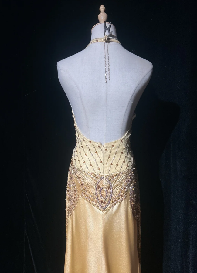 Elegant Yellow Long Prom Dress Satin Beaded Sheath Evening Dress Halter Formal Dress ED06500