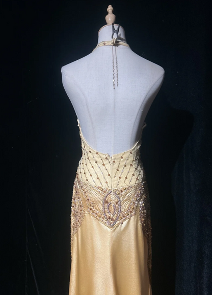 Elegant Yellow Long Prom Dress Satin Beaded Sheath Evening Dress Halter Formal Dress ED06500