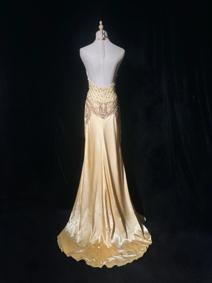 Elegant Yellow Long Prom Dress Satin Beaded Sheath Evening Dress Halter Formal Dress ED06500
