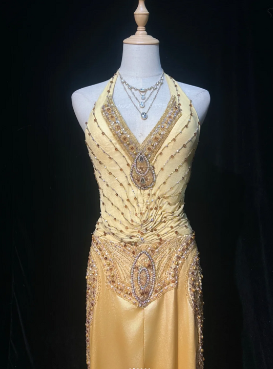 Elegant Yellow Long Prom Dress Satin Beaded Sheath Evening Dress Halter Formal Dress ED06500