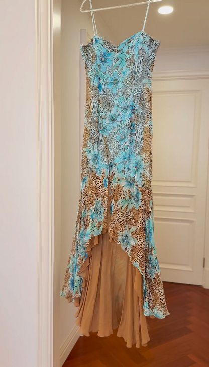 Chic Leopard Short Prom Dress Printed Chiffon Blue Birthday Dress Sheath Spaghetti Straps Homecoming Dress Sleeveless Party Dress ED06502