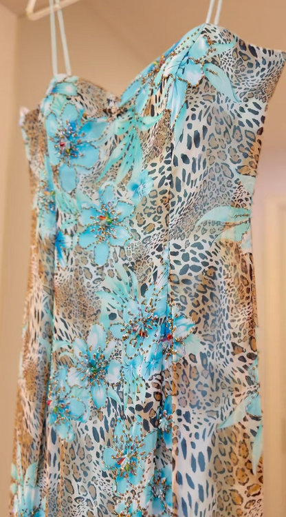Chic Leopard Short Prom Dress Printed Chiffon Blue Birthday Dress Sheath Spaghetti Straps Homecoming Dress Sleeveless Party Dress ED06502