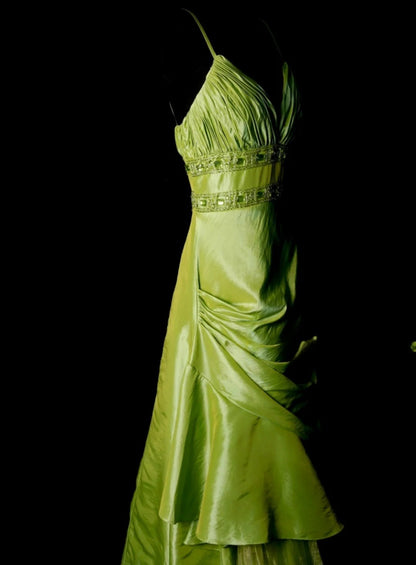 Chic Green Long Prom Dress Satin Birthday Dress A-Line Spaghetti Straps Evening Dress Sleeveless Party Dress ED06504