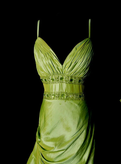 Chic Green Long Prom Dress Satin Birthday Dress A-Line Spaghetti Straps Evening Dress Sleeveless Party Dress ED06504