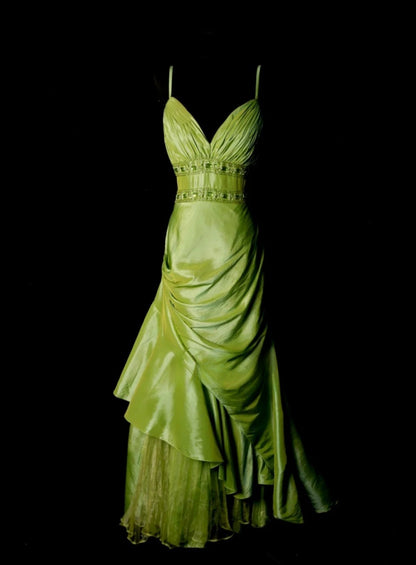 Chic Green Long Prom Dress Satin Birthday Dress A-Line Spaghetti Straps Evening Dress Sleeveless Party Dress ED06504