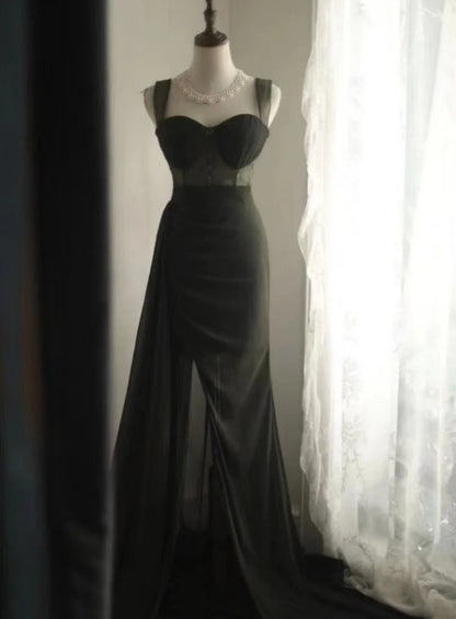 Vintage Green Long Prom Dress Chiffon Sheath Slit Evening Dress Straps Sleeveless Party Dress ED06506