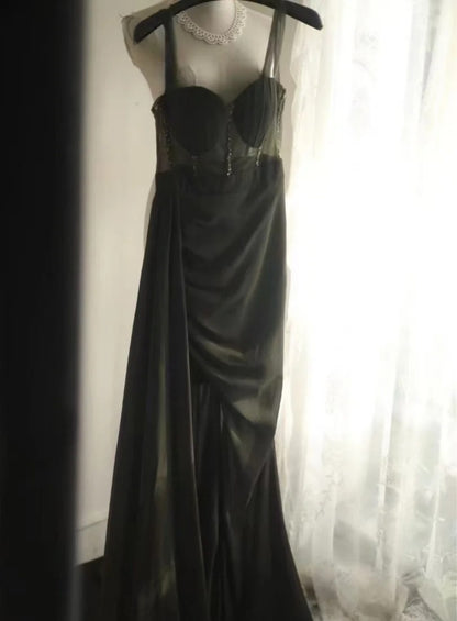 Vintage Green Long Prom Dress Chiffon Sheath Slit Evening Dress Straps Sleeveless Party Dress ED06506