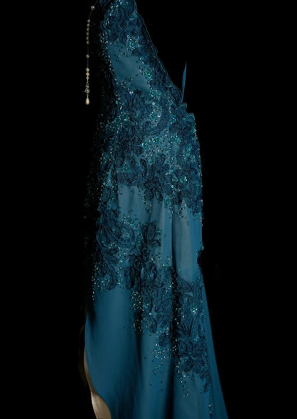 Gorgeous Teal Long Prom Dress Chiffon Applique Sheath Evening Dress Spaghetti Straps Birthday Dress ED06508