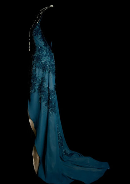 Gorgeous Teal Long Prom Dress Chiffon Applique Sheath Evening Dress Spaghetti Straps Birthday Dress ED06508