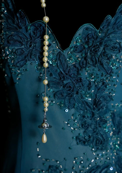 Gorgeous Teal Long Prom Dress Chiffon Applique Sheath Evening Dress Spaghetti Straps Birthday Dress ED06508