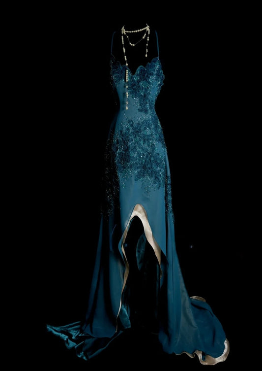 Gorgeous Teal Long Prom Dress Chiffon Applique Sheath Evening Dress Spaghetti Straps Birthday Dress ED06508