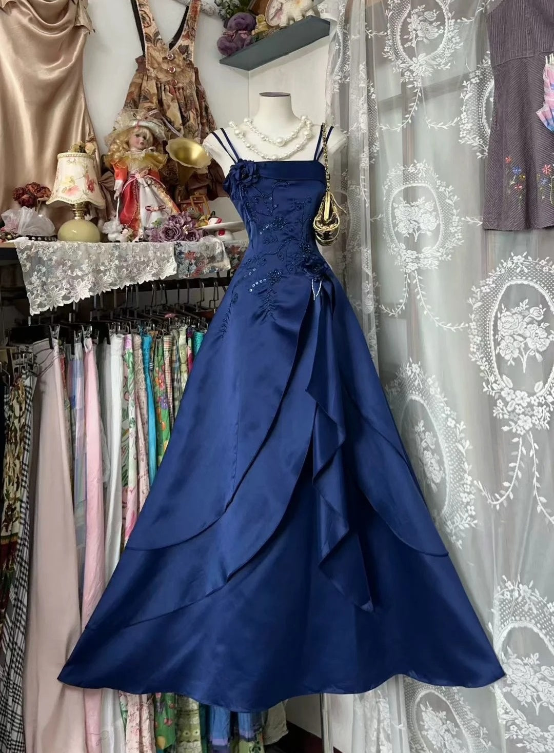 Gorgeous Navy Blue Long Prom Dress Satin Beaded A-Line Evening Dress Spaghetti Straps Birthday Dress ED06509