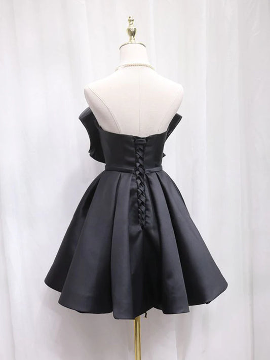 Schwarzes kurzes Ballkleid aus Tüll-Satin, schwarzes Homecoming-Kleid ED0651