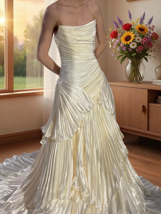 Luxury A-Line Long Wedding Dress Satin Organza Strapless White Bridal Gowns Sleeveless Bridal Dress ED06510