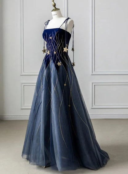 Cute Navy Blue Long Prom Dress Velvet Spaghetti Straps A-Line Evening Gowns Sleeveless Birthday  Dress ED06512