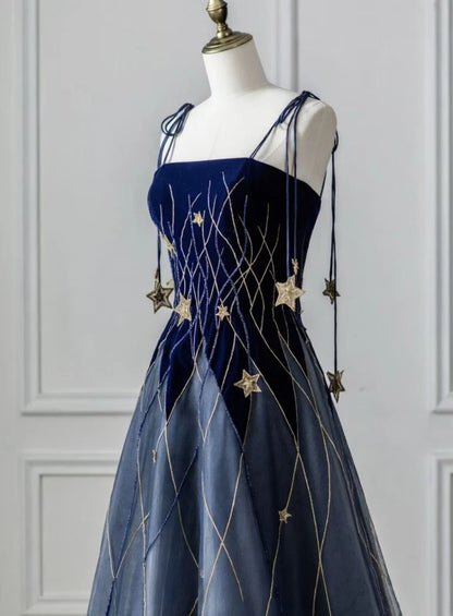 Cute Navy Blue Long Prom Dress Velvet Spaghetti Straps A-Line Evening Gowns Sleeveless Birthday  Dress ED06512