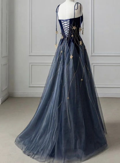 Cute Navy Blue Long Prom Dress Velvet Spaghetti Straps A-Line Evening Gowns Sleeveless Birthday  Dress ED06512