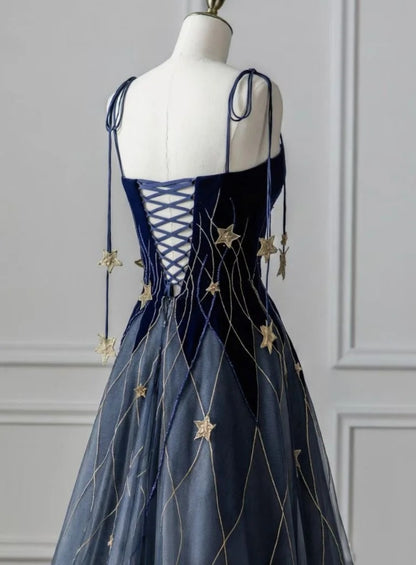 Cute Navy Blue Long Prom Dress Velvet Spaghetti Straps A-Line Evening Gowns Sleeveless Birthday  Dress ED06512