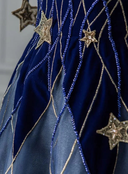 Cute Navy Blue Long Prom Dress Velvet Spaghetti Straps A-Line Evening Gowns Sleeveless Birthday  Dress ED06512