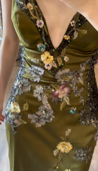 Vintage Olive Green Tea Length Prom Dress Chiffon Beaded Sheath Evening Gowns V-neck Birthday Dress ED06517