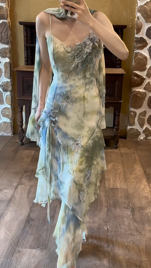 Vintage Green Long Prom Dress Chiffon Beaded Sheath Evening Gowns Spaghetti Straps Birthday Dress ED06518