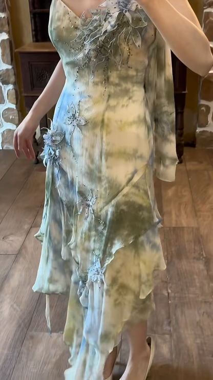 Vintage Green Long Prom Dress Chiffon Beaded Sheath Evening Gowns Spaghetti Straps Birthday Dress ED06518