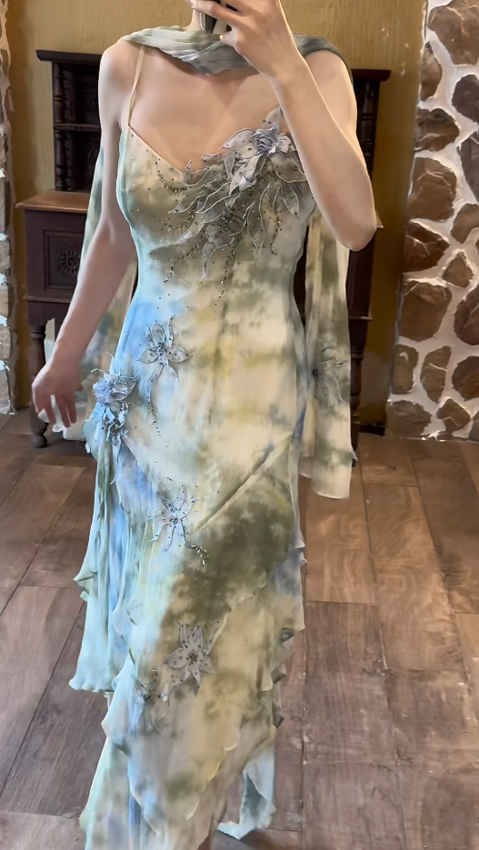 Vintage Green Long Prom Dress Chiffon Beaded Sheath Evening Gowns Spaghetti Straps Birthday Dress ED06518