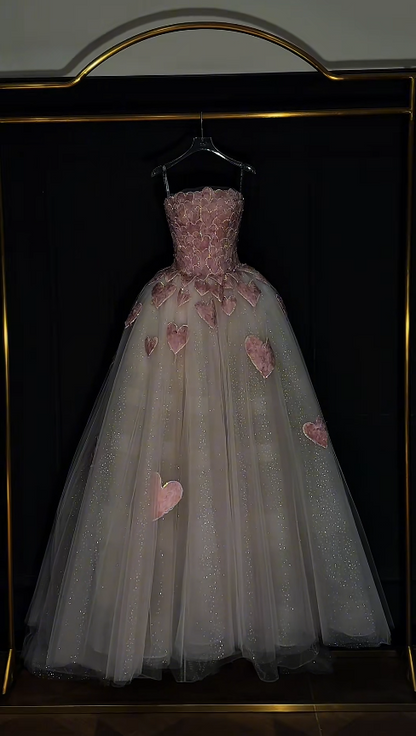 Cute Pink Long Prom Dress Tulle A-Line Evening Gowns Strapless Birthday Dress ED06519