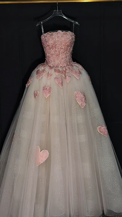 Cute Pink Long Prom Dress Tulle A-Line Evening Gowns Strapless Birthday Dress ED06519