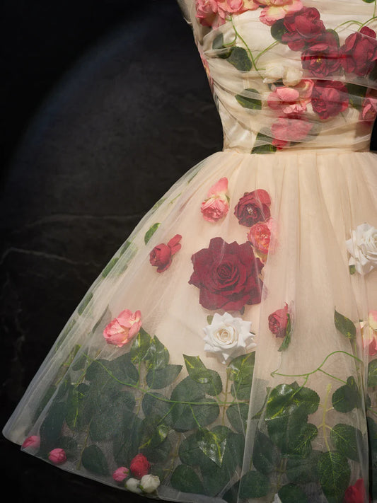 Champagner 3D Blumen Tüll Kurzes Ballkleid, Süßes Champagner Homecoming Kleid ED0652