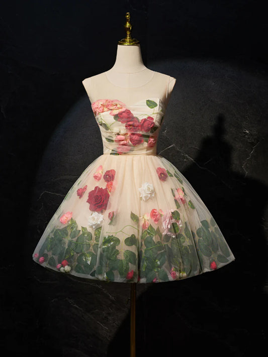 Champagner 3D Blumen Tüll Kurzes Ballkleid, Süßes Champagner Homecoming Kleid ED0652