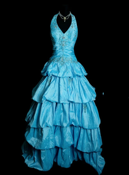Chic Blue Long Prom Dress Satin A-Line Evening Gowns Halter Sleeveless Birthday Dress ED06523