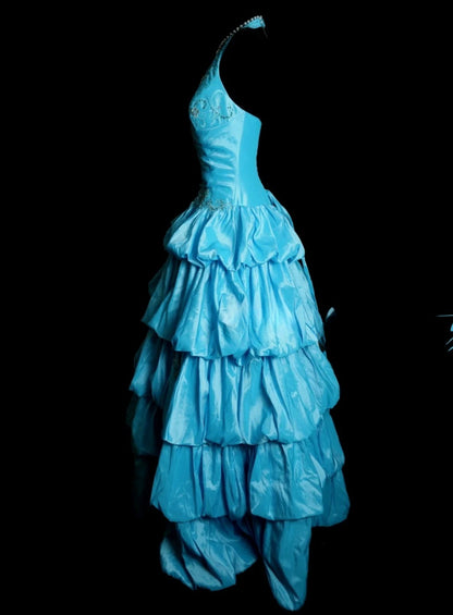 Chic Blue Long Prom Dress Satin A-Line Evening Gowns Halter Sleeveless Birthday Dress ED06523
