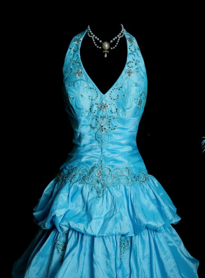 Chic Blue Long Prom Dress Satin A-Line Evening Gowns Halter Sleeveless Birthday Dress ED06523