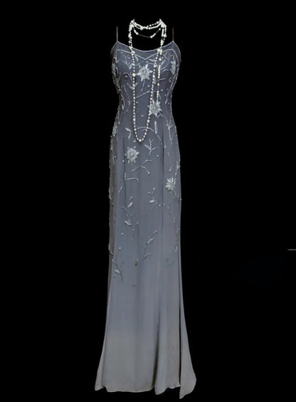 Chic Gradient Gray Long Prom Dress Beaded Chiffon Sheath Evening Gowns Spaghetti Straps Sleeveless Birthday Dress ED06524