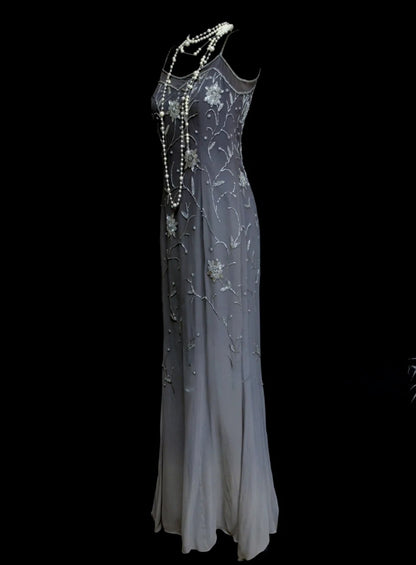 Chic Gradient Gray Long Prom Dress Beaded Chiffon Sheath Evening Gowns Spaghetti Straps Sleeveless Birthday Dress ED06524