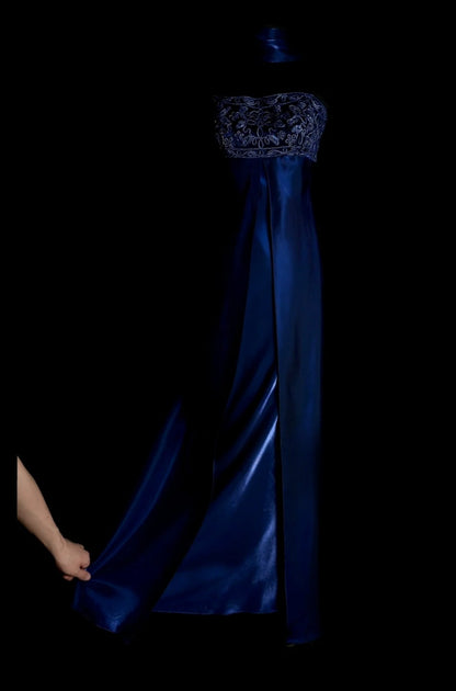 Robes d'anniversaire élégantes bleu dégradé, col en V, paillettes, mousseline, fourreau, robes de bal, robes de soirée ED04456